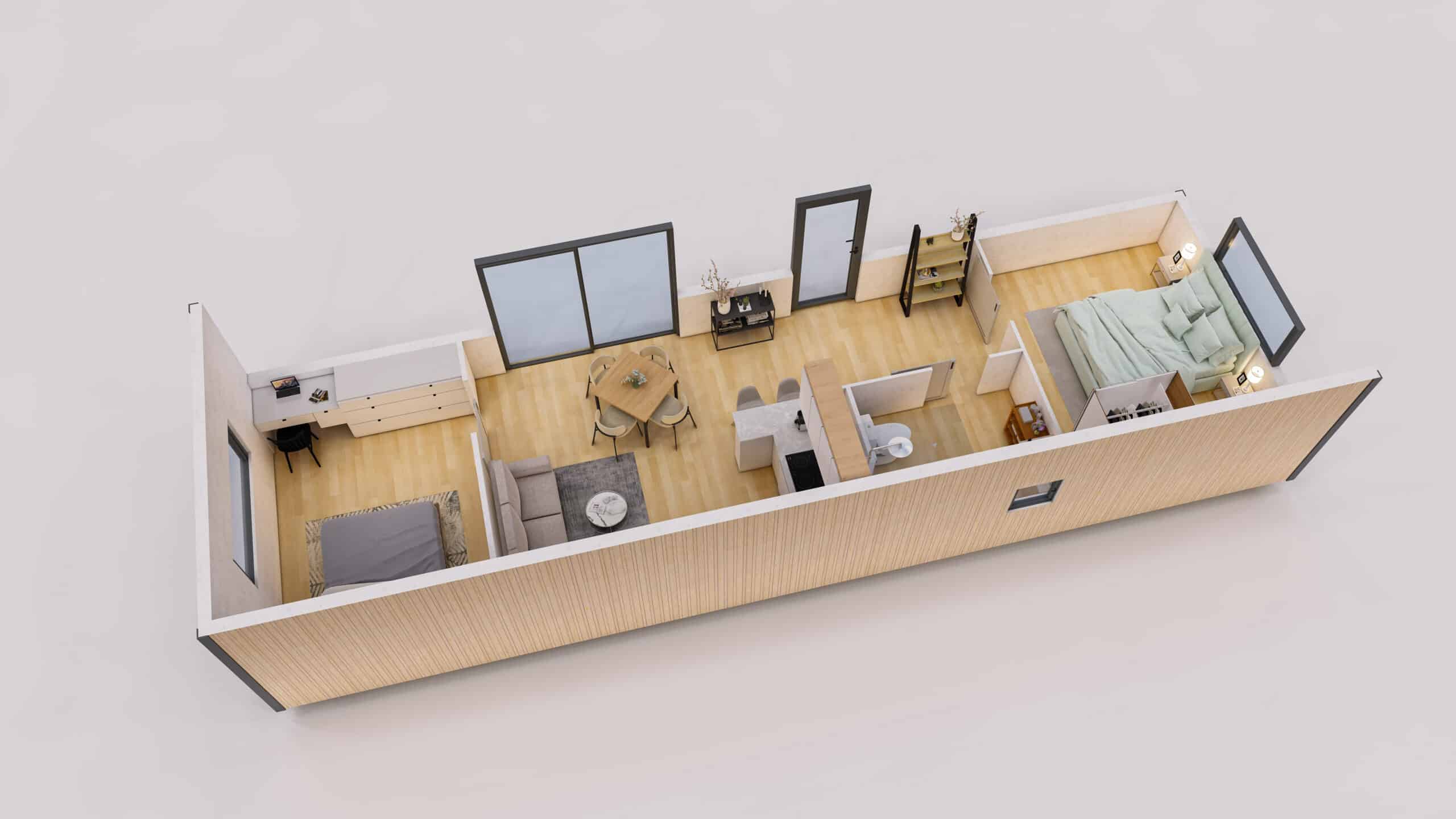 Plan 3D d'un studio de jardin de 50m2.