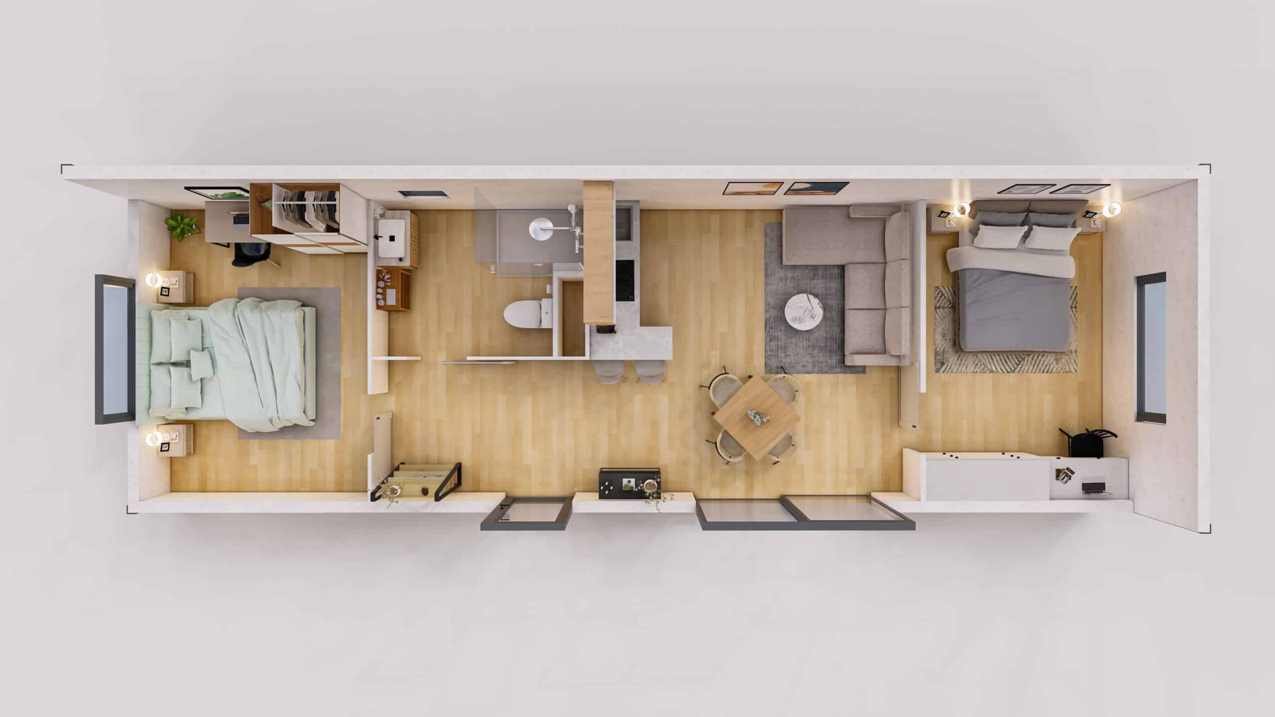 Plan 3D d'un studio de jardin de 50m2.