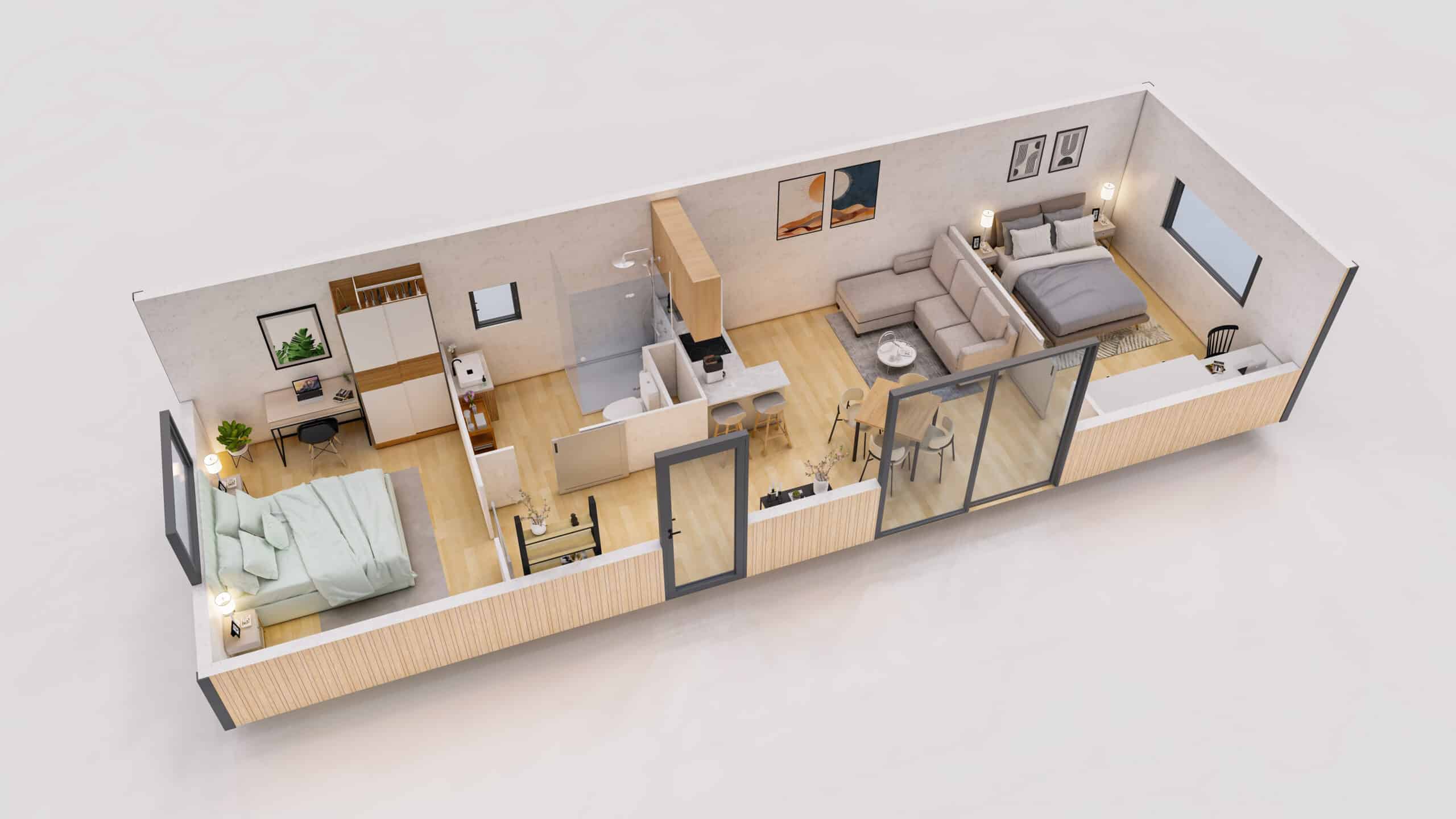 Plan 3D d'un studio de jardin de 50m2.