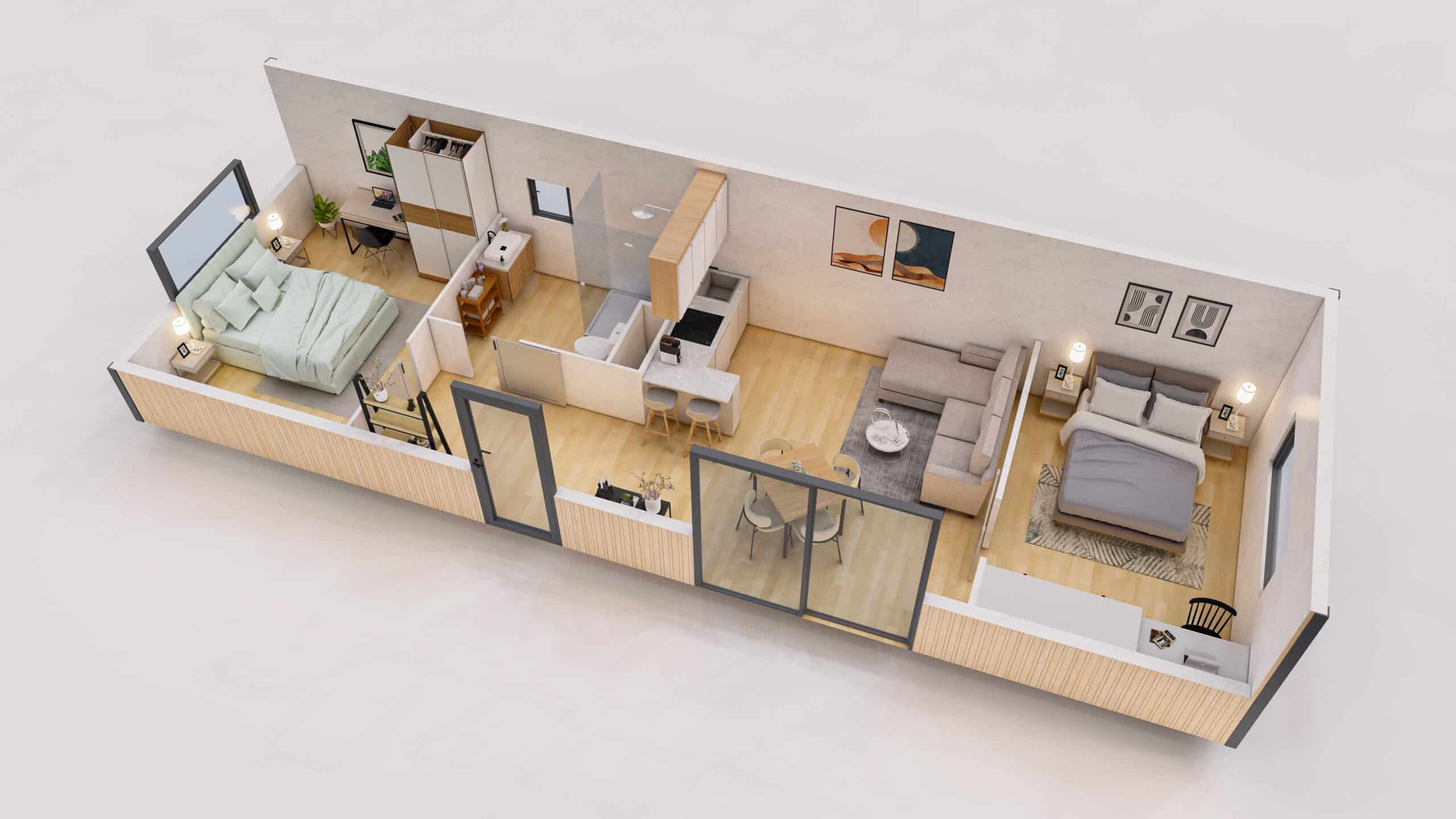 Plan 3D d'un studio de jardin de 50m2.